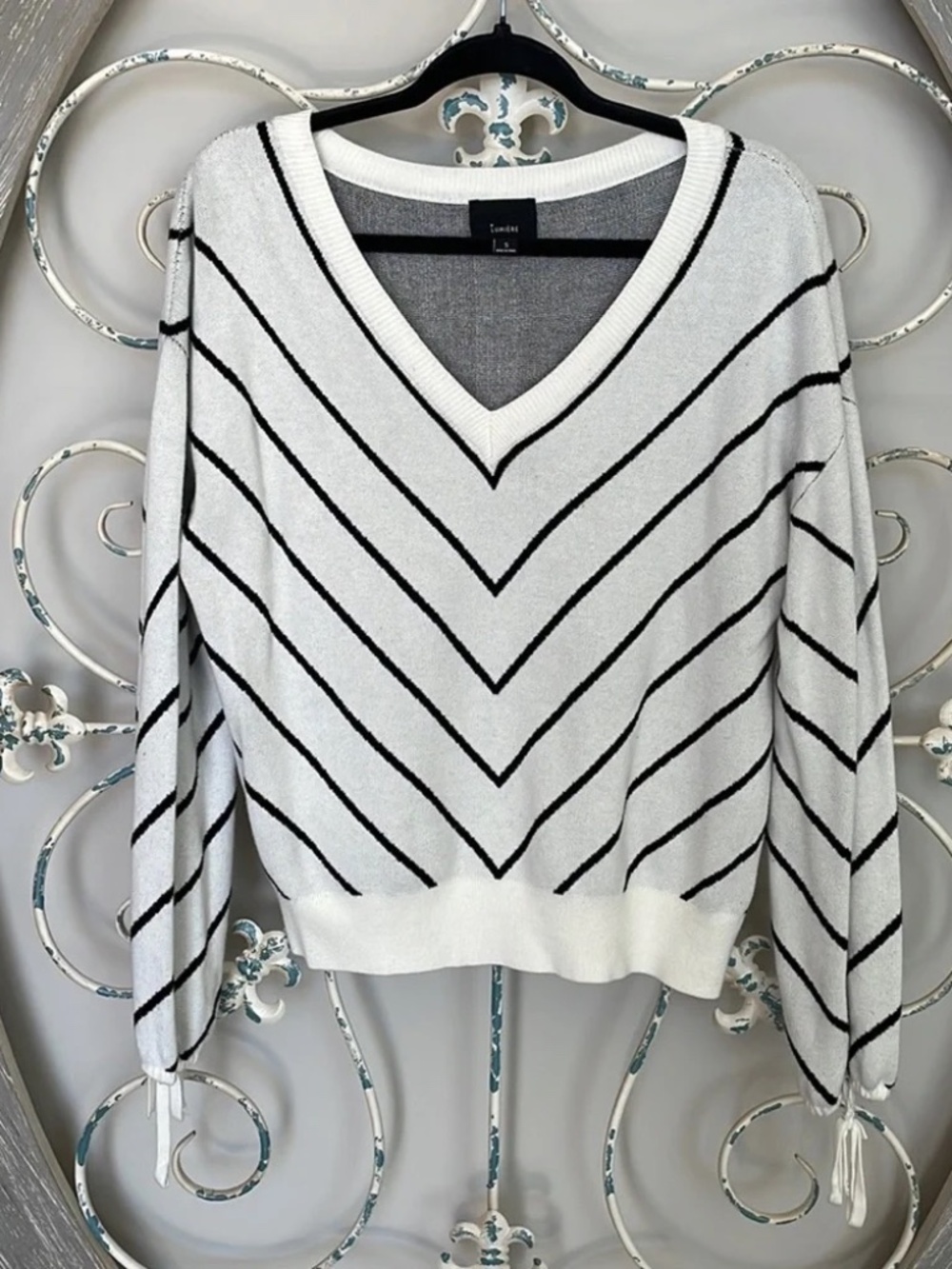 Lumiere White V-Neck Tunic with Black Chevron Stripes
